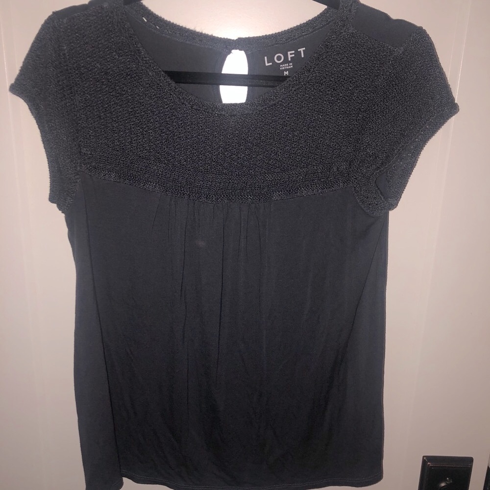 Ann Taylor Loft charcoal grey crocheted topt-shirt